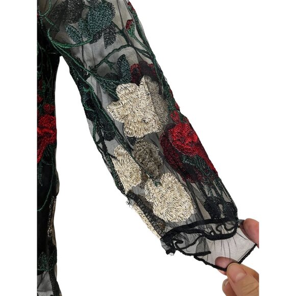 Floral Embroidery Sheer Top XS Colorful Vampire Chic Romantic Boho Hippie Indie - Picture 3 of 10